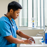 A focused male nursing student, wearing a modest, professional nursing uniform, meticulously performing an aseptic handwashing technique in a brightly lit, clean nursing simulation lab. He is fully clothed, with appropriate attire, demonstrating perfect anatomy and natural body proportions. The scene emphasizes precision and safety with well-formed hands, correct proportions, and a natural pose. Professional photography, high quality, safe for work, appropriate content, family-friendly.
