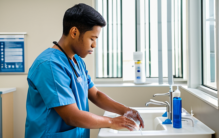 A focused male nursing student, wearing a modest, professional nursing uniform, meticulously performing an aseptic handwashing technique in a brightly lit, clean nursing simulation lab. He is fully clothed, with appropriate attire, demonstrating perfect anatomy and natural body proportions. The scene emphasizes precision and safety with well-formed hands, correct proportions, and a natural pose. Professional photography, high quality, safe for work, appropriate content, family-friendly.