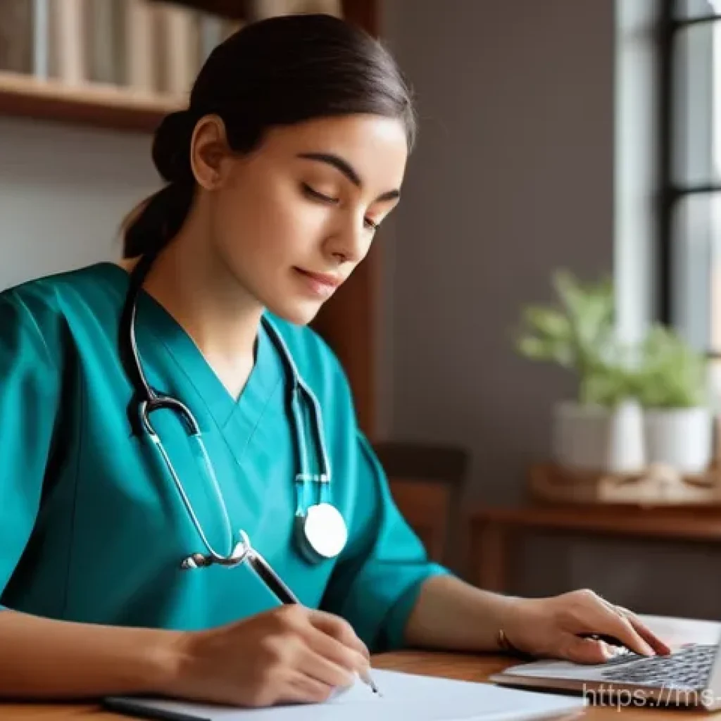 간호사의 학업 병행과 시간 관리 - **Prompt:** A focused young adult female nurse, wearing a modest, professional nursing uniform (scru...