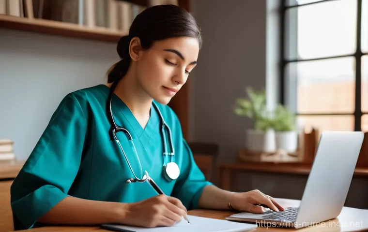 간호사의 학업 병행과 시간 관리 - **Prompt:** A focused young adult female nurse, wearing a modest, professional nursing uniform (scru...
