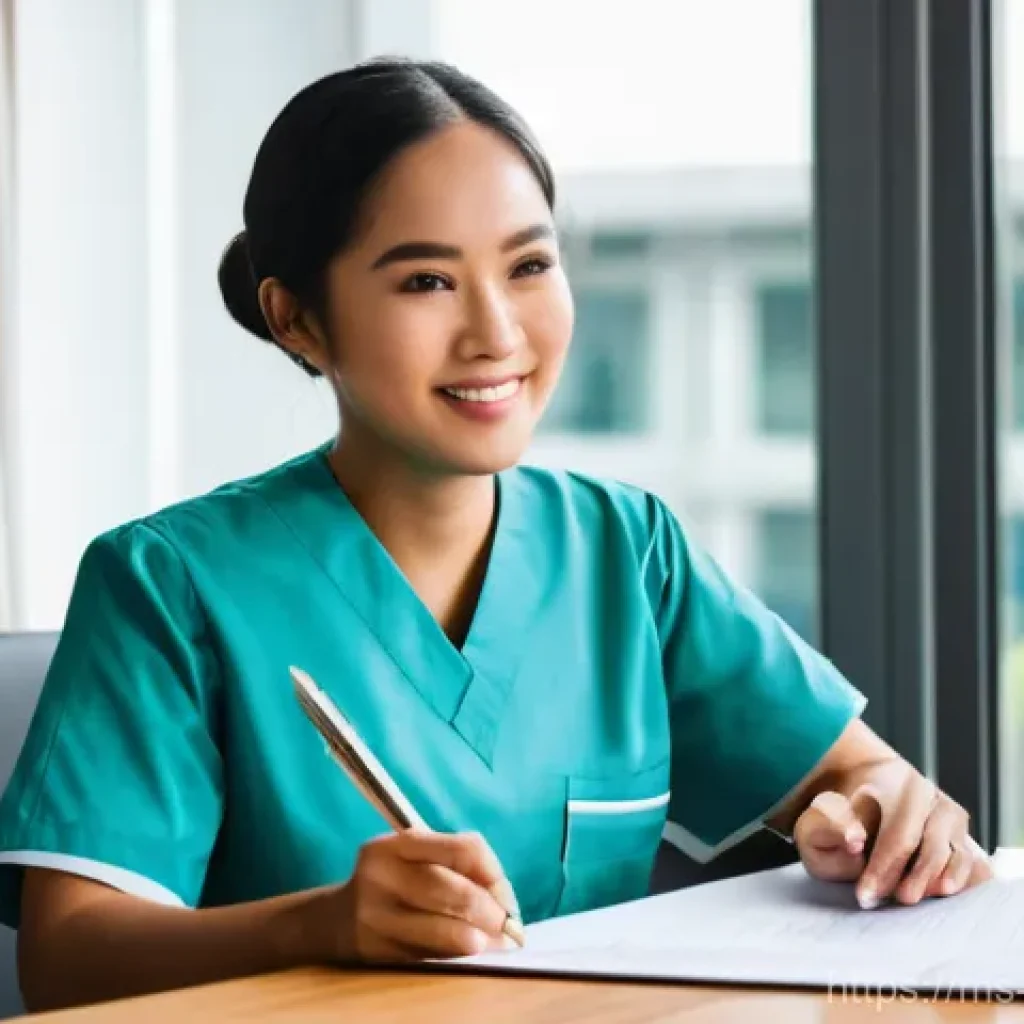 간호사의 연봉 협상 준비 서류 - **Prompt:** A highly professional and empowered Malaysian nurse, mid-shot, sitting at a clean, moder...