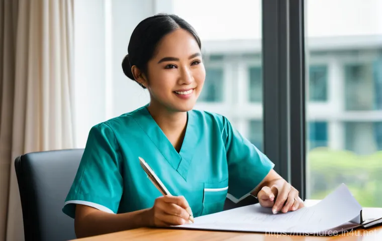 간호사의 연봉 협상 준비 서류 - **Prompt:** A highly professional and empowered Malaysian nurse, mid-shot, sitting at a clean, moder...
