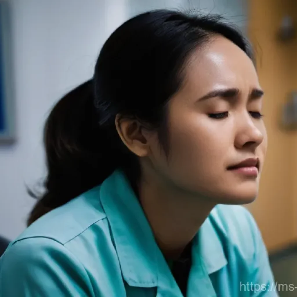 간호사 자율 근무 시간제 - **Prompt 1: The Weight of Long Hours**
A solo, female Malaysian nurse in her late 20s or early 3...