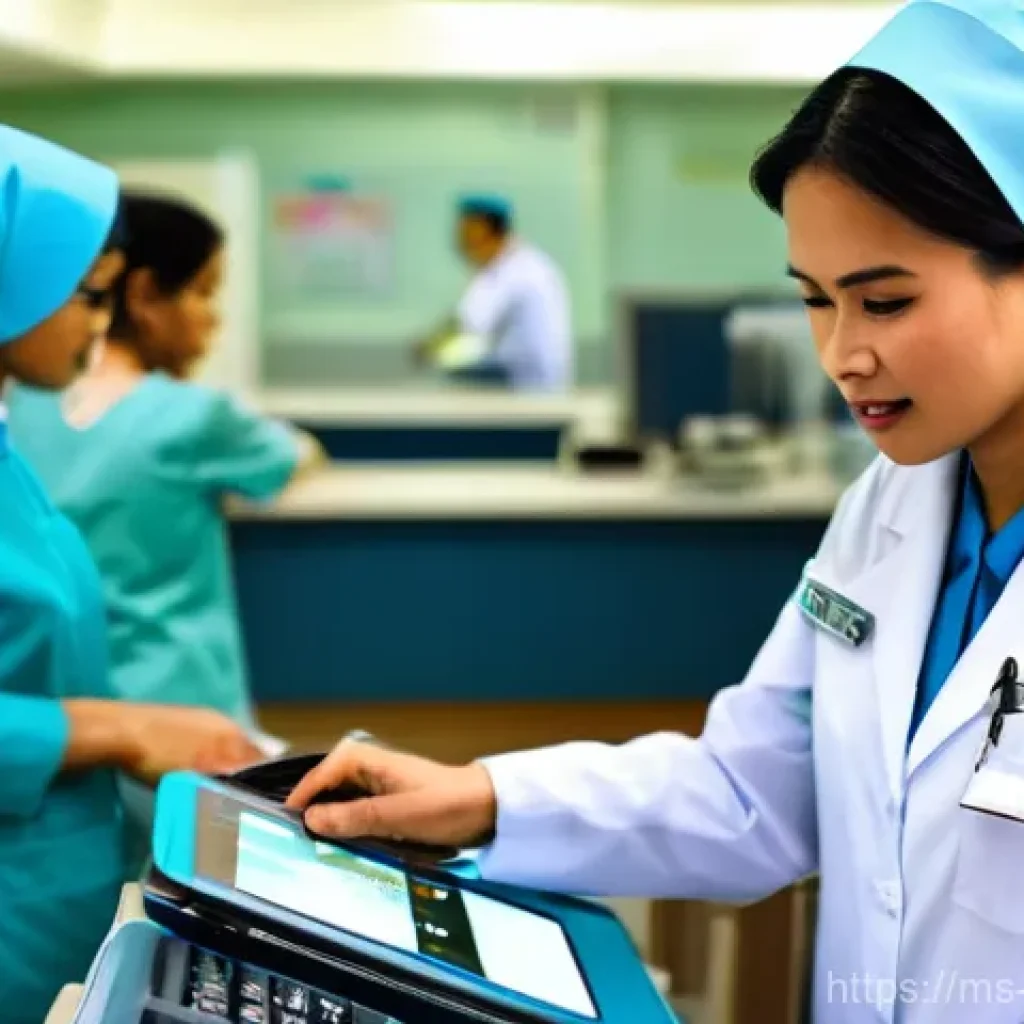 간호사 업무 환경과 근무 조건 - **Prompt: The Multitasking Malaysian Nurse at a Busy Station**
A wide shot of a bustling, bright...