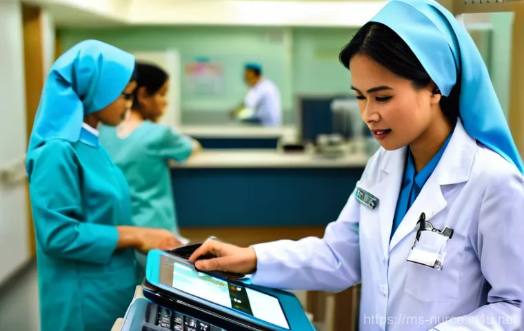 간호사 업무 환경과 근무 조건 - **Prompt: The Multitasking Malaysian Nurse at a Busy Station**
A wide shot of a bustling, bright...