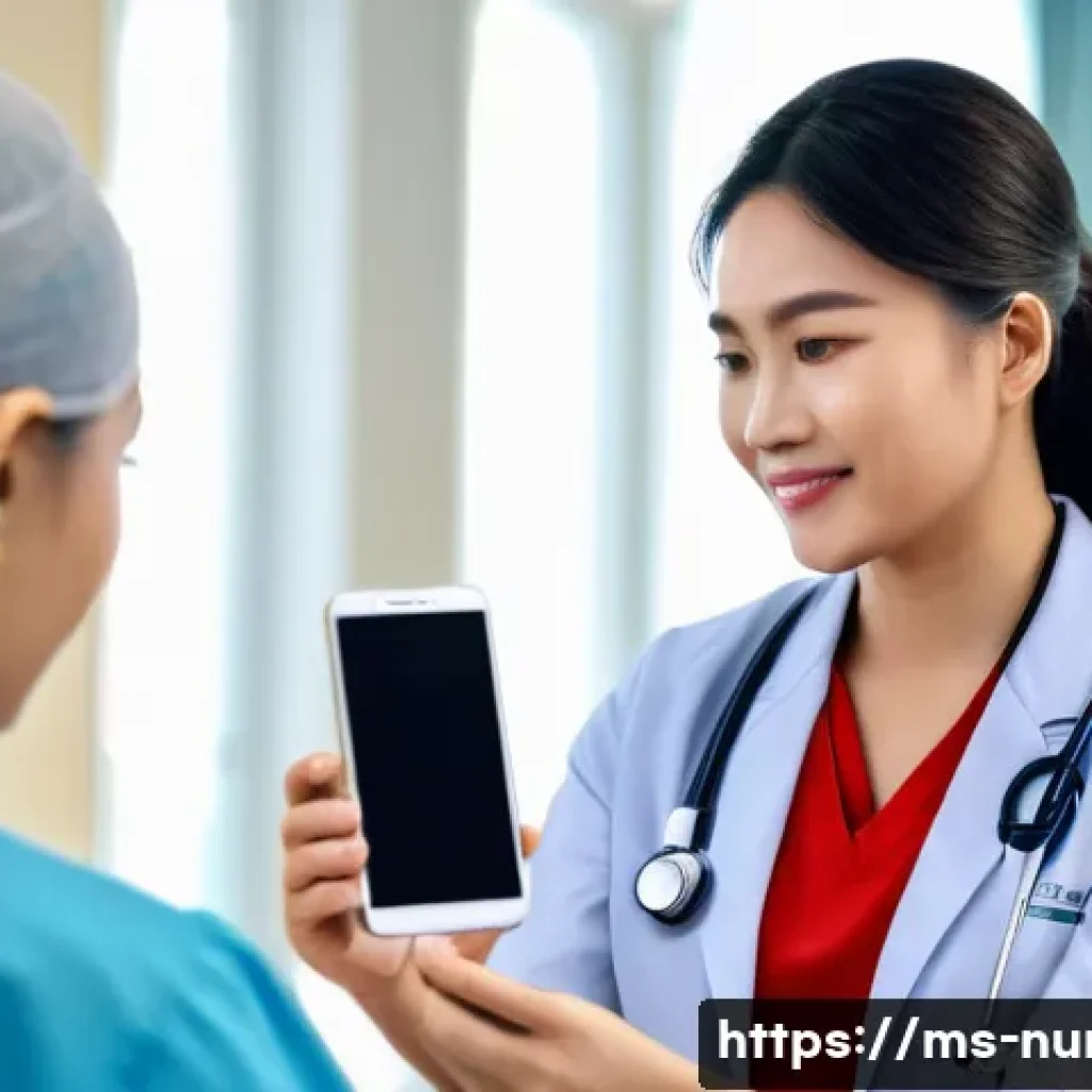 간호사의 기술 활용 및 디지털화 사례 - A professional Malaysian nurse in a modern hospital setting using a mobile health monitoring applica...