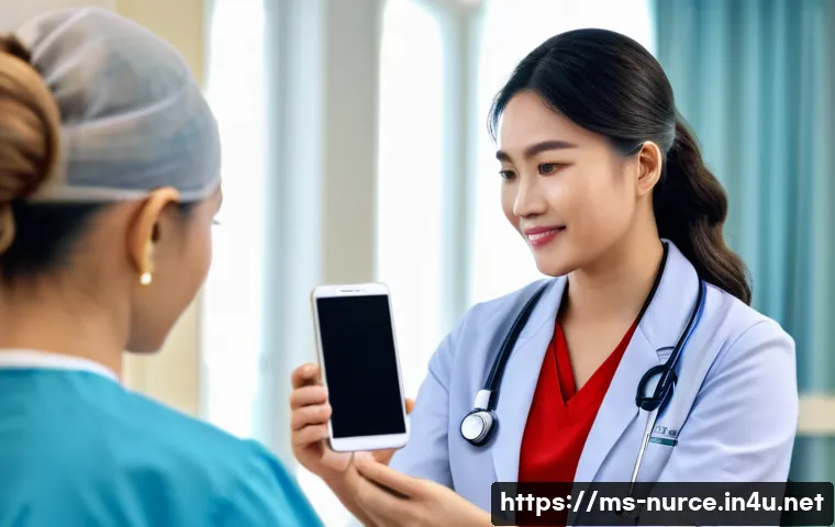 간호사의 기술 활용 및 디지털화 사례 - A professional Malaysian nurse in a modern hospital setting using a mobile health monitoring applica...