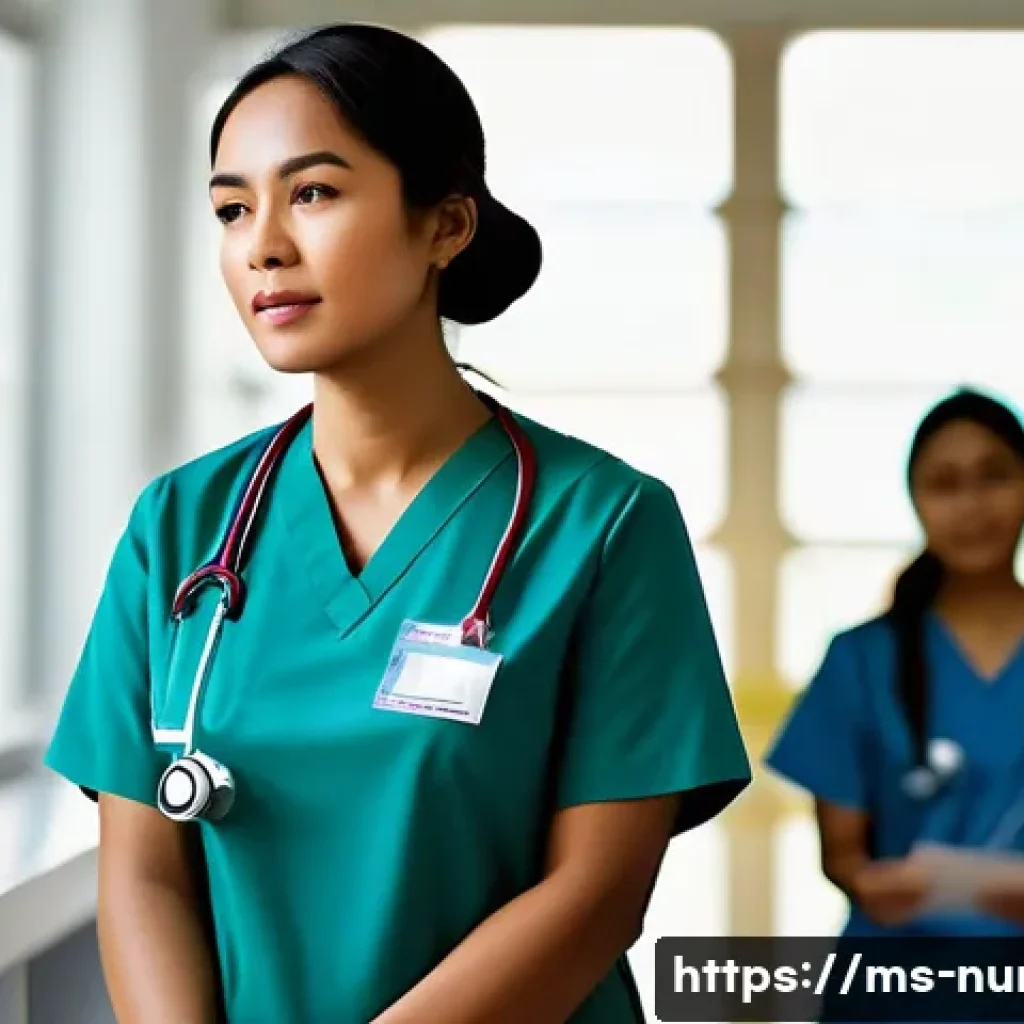 간호사의 멘탈 케어 팁 - A busy Malaysian nurse wearing clean, professional medical scrubs and a name badge, practicing deep ...