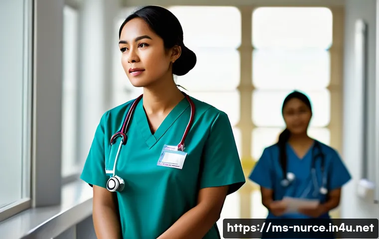 간호사의 멘탈 케어 팁 - A busy Malaysian nurse wearing clean, professional medical scrubs and a name badge, practicing deep ...