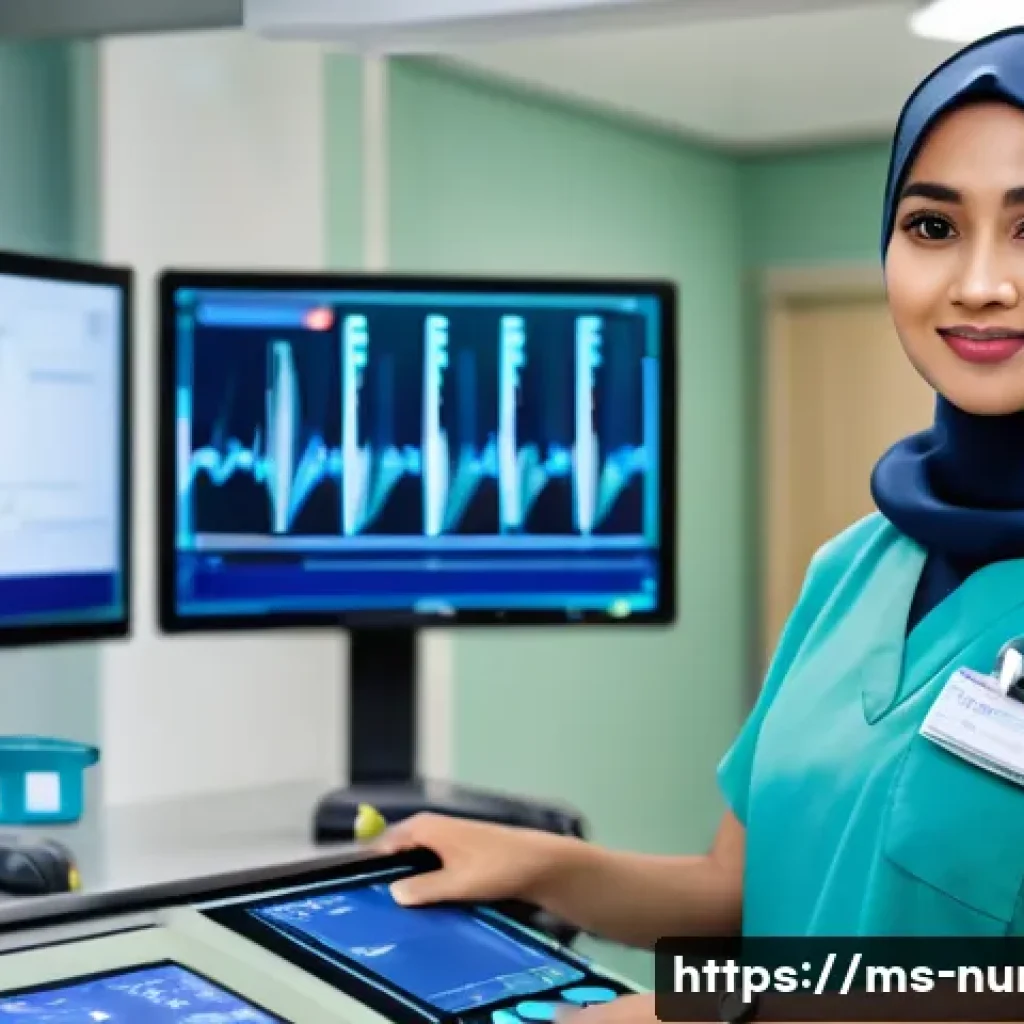 간호사의 병원 내부 교육 경험 - A young Malay nurse in professional hospital scrubs and a hijab, confidently operating a modern card...