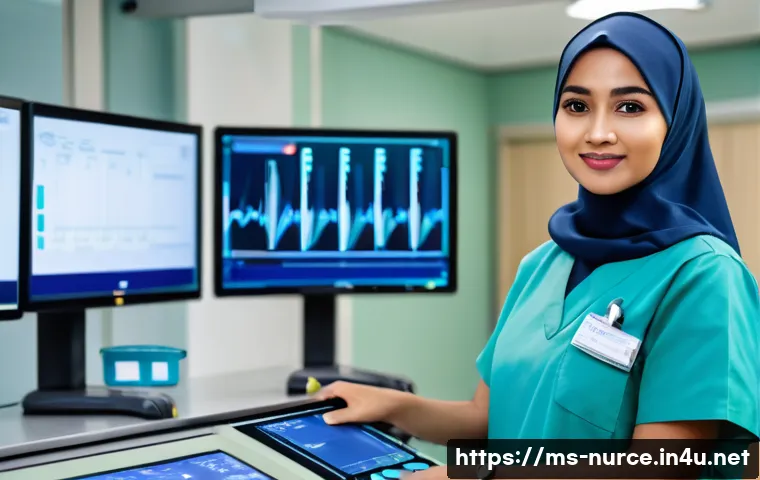 간호사의 병원 내부 교육 경험 - A young Malay nurse in professional hospital scrubs and a hijab, confidently operating a modern card...
