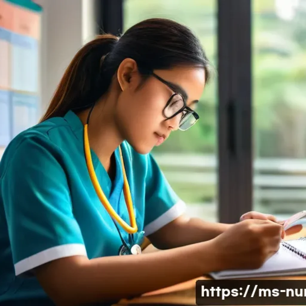 간호사 국가고시 준비 방법 - A focused Malay nursing student studying at a wooden desk in a cozy room, surrounded by nursing text...