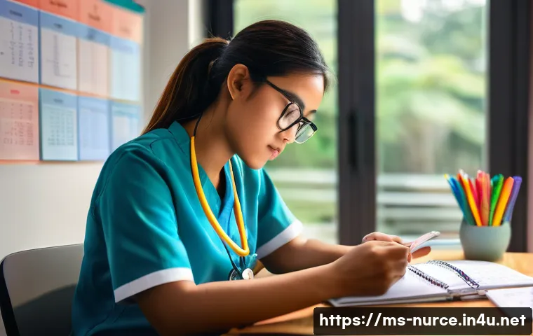 간호사 국가고시 준비 방법 - A focused Malay nursing student studying at a wooden desk in a cozy room, surrounded by nursing text...
