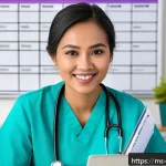 간호사의 논문 및 리포트 작성 방법 - A professional Malay nurse in a modern hospital office, wearing neat nursing scrubs and a name badge...