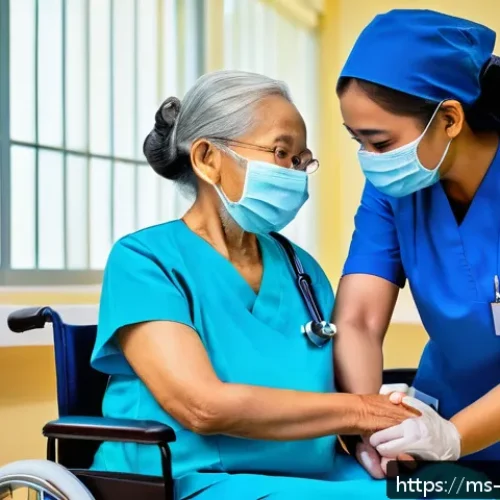 간호사 윤리와 책임 - A compassionate Malaysian nurse wearing a neat blue uniform and a medical face mask, gently holding ...