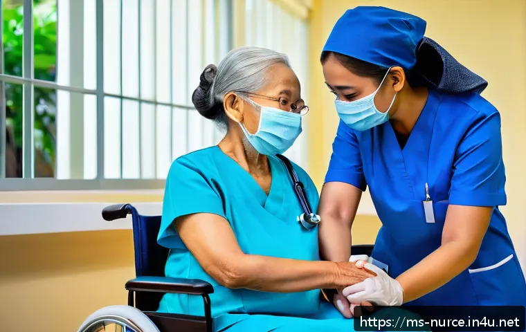 간호사 윤리와 책임 - A compassionate Malaysian nurse wearing a neat blue uniform and a medical face mask, gently holding ...
