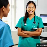 간호사 해외 자격 인정 국가 - A diverse group of professional nurses in a modern Australian hospital setting, wearing clean, well-...