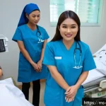 신규 간호사 교육과정 - A detailed scene inside a Malaysian hospital training ward showing a diverse group of new nursing st...