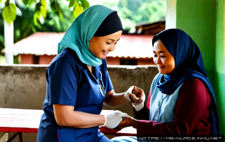 Home 17 간호사로서의 의료 봉사 사례 - Photorealistic Malaysian community health outreach, compassionate Malay nurse in modest navy scrubs ...