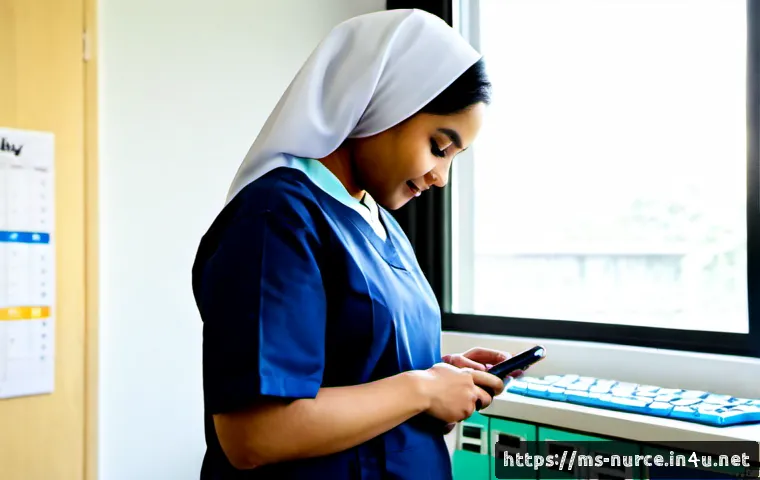 간호사 교대 근무 스케줄 관리 - Photorealistic Malaysian hospital nurse in modest navy scrubs and a light hijab, seated at a clean s...