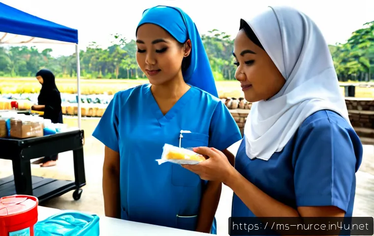 Home 30 간호사와 봉사활동을 병행하기 - Photorealistic Malaysian nurse in modest light-blue scrubs and hijab, calmly organizing medical supp...