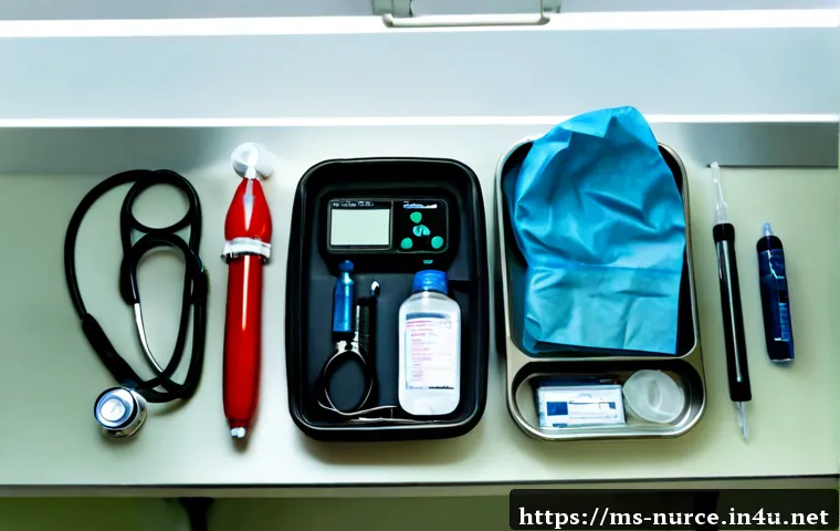Home 17 간호사의 필수 의료 장비 목록 - Photorealistic flat lay of essential nursing equipment neatly arranged on a clean hospital workstati...