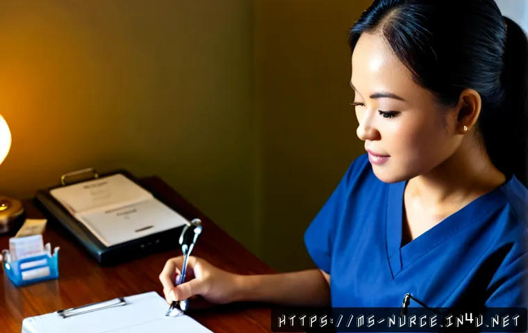 간호사의 의학 용어 시험 대비법 - Photorealistic Malaysian nurse in modest navy scrubs studying for a medical terminology examination ...